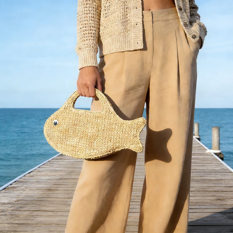 

Плетеная сумка-клатч в форме рыбки для пляжного отдыха, модная женская креативная повседневная легкая портативная вязаная сумка