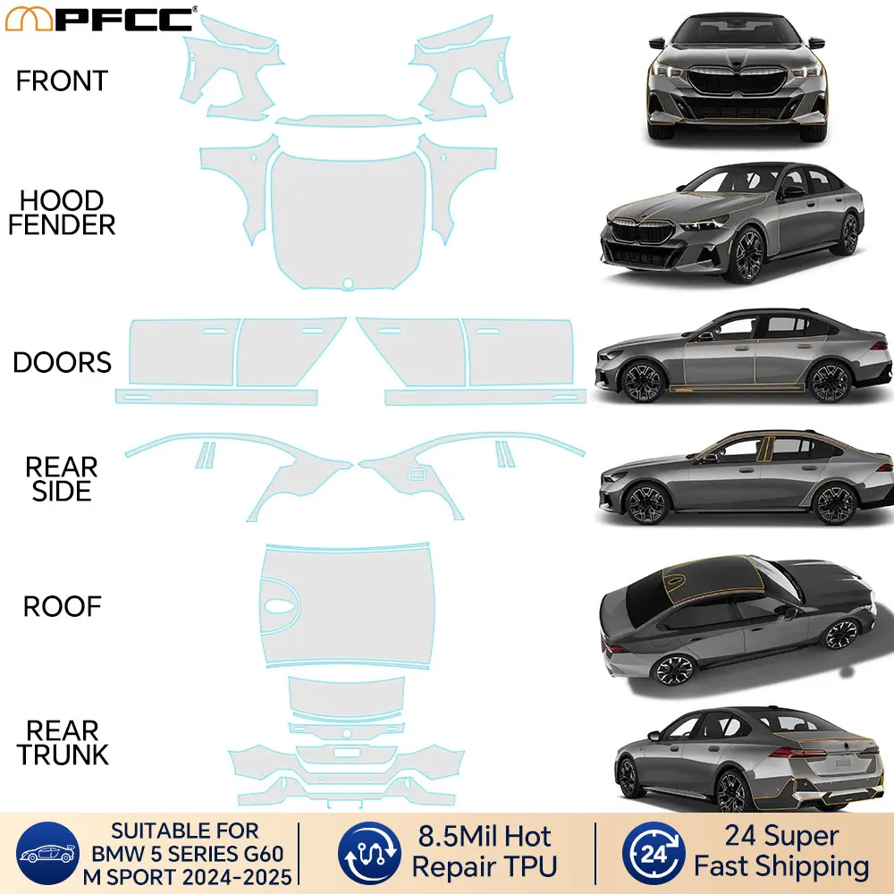 

Для BMW 5 серии G60 M Sport 2024, прозрачная наклейка из ТПУ, автомобильные аксессуары, Стайлинг, предварительно вырезанная защитная пленка для краски, автомобильный комплект
