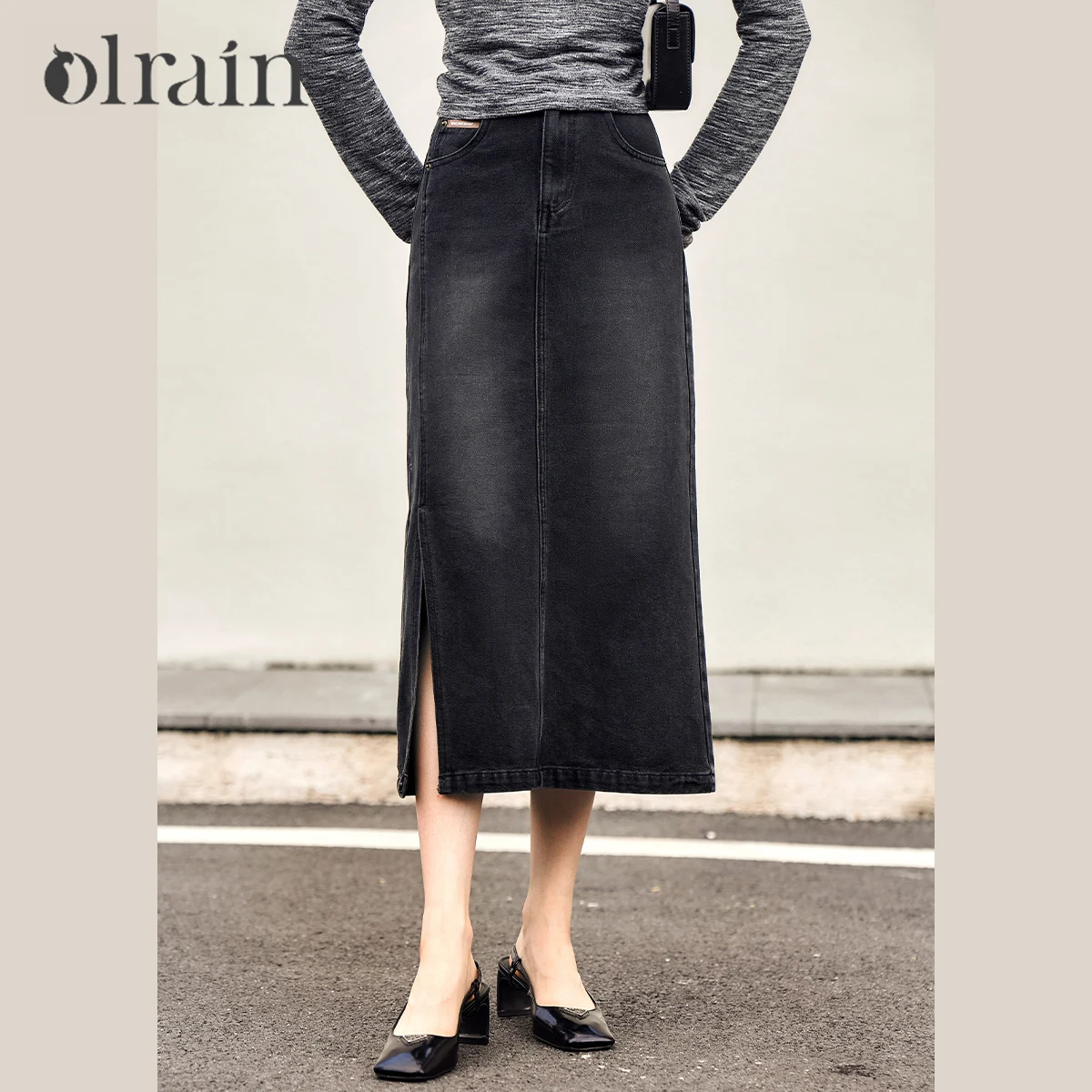 

OLrain Vintage Denim Skirt 2025 New Cotton Straight High-waist Skirt Washed Side Slit Office Lady Female Skirts M57CB96016