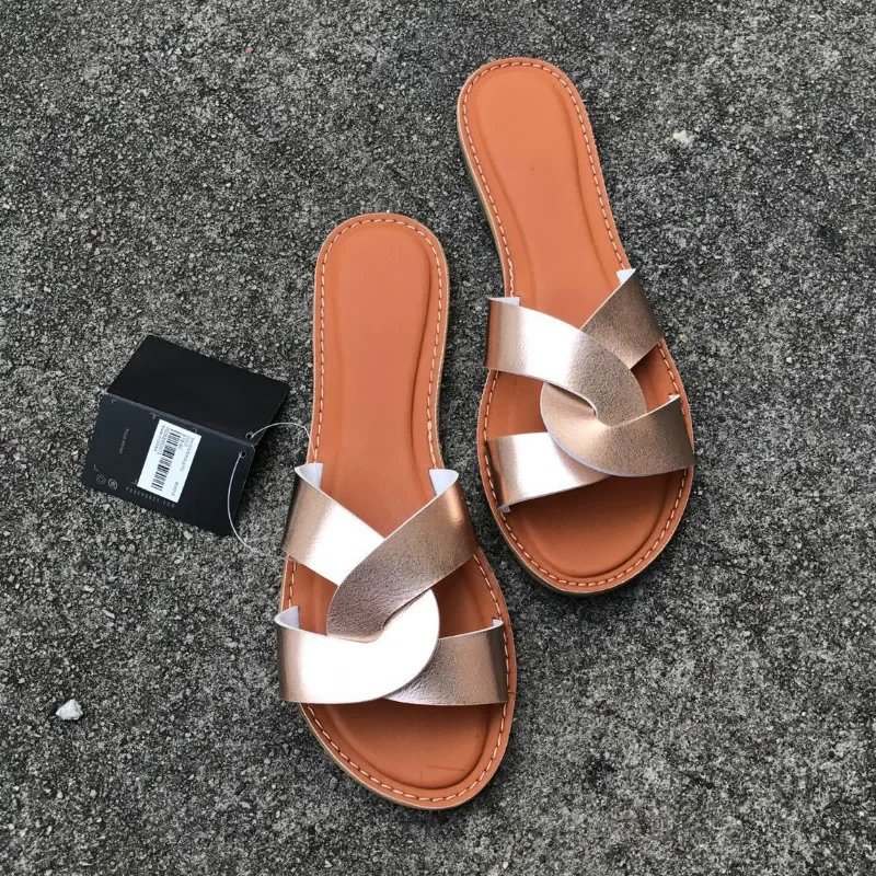 Women Fashion Sandals Casual Flat Beach Shoes Summer Female  Brand Leather Slip on Slides Solid Color Outdoor Woman Sandal