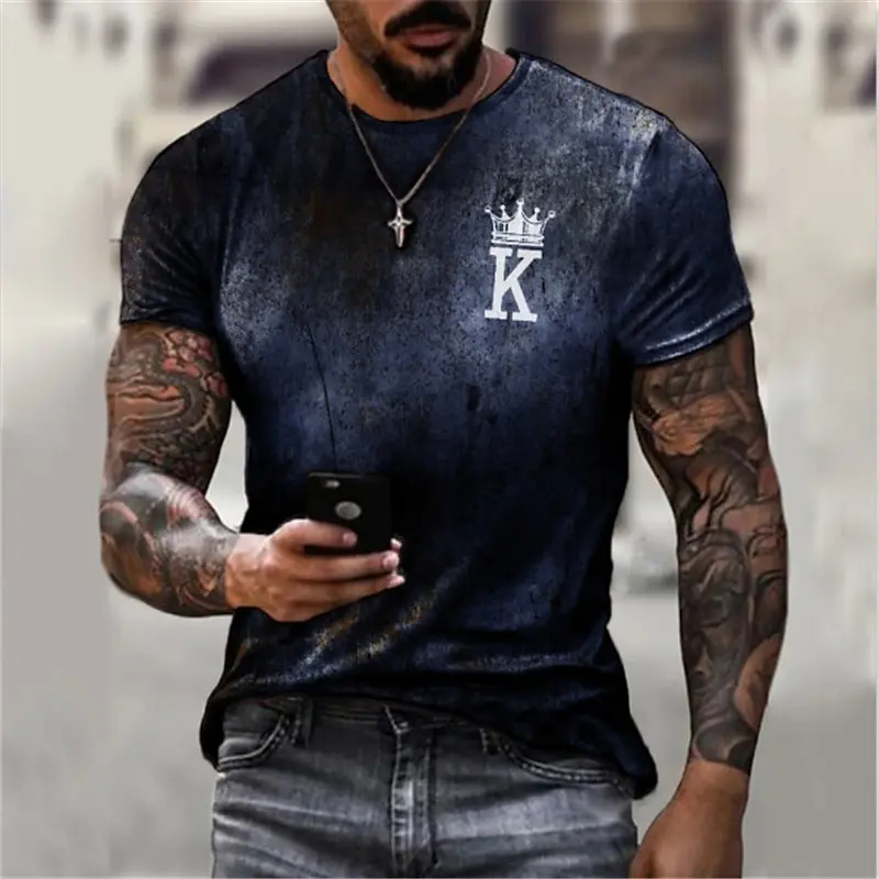 Men's Street T shirt Vintage 3D Crown K Letter Print Short Sleeve Crew Neck T-shirts Fashion Men/Women Outdoor Daily Sports Tops