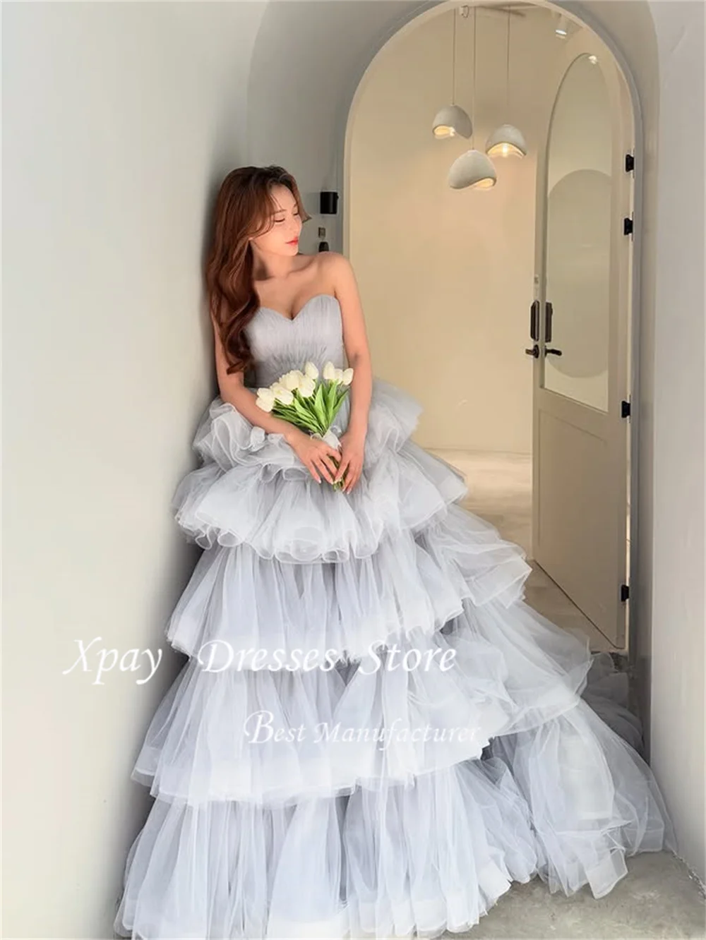 XPAY الأميرة المتدرج منتفخ تنورة كوريا فساتين حفلات الزفاف Ruched الطيات تول مخصص الطابق طول ثوب حفلة العروس