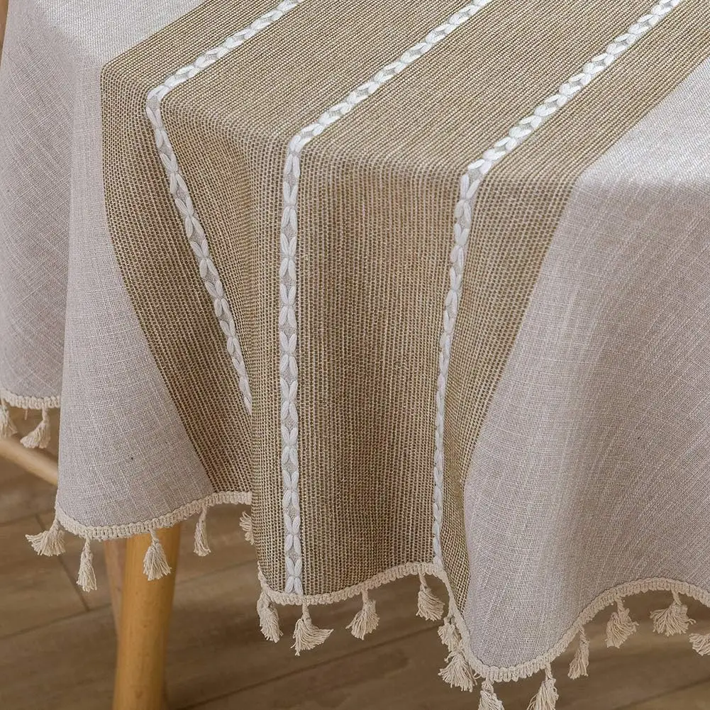 

Farmhouse Tablecloth Heavy Weight Stitching Tassel Cotton Linen Dust-Proof Table Cloth for Kitchen Dinning Tabletop Deco