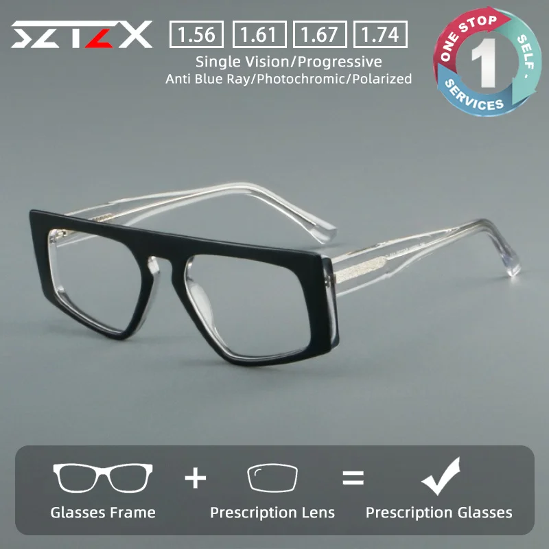 sztzx-クラシック耐久性のあるカレンズ処方メガネ抗ブルーライトアセテート幾何学近視眼鏡累進老眼鏡
