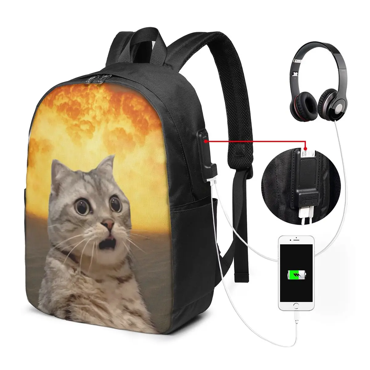 Nuclear Explosion Cat Meme Print Backpack Travel Notebook Bag Computer College Student School Bag Laptop Shoulder Bags Men Women