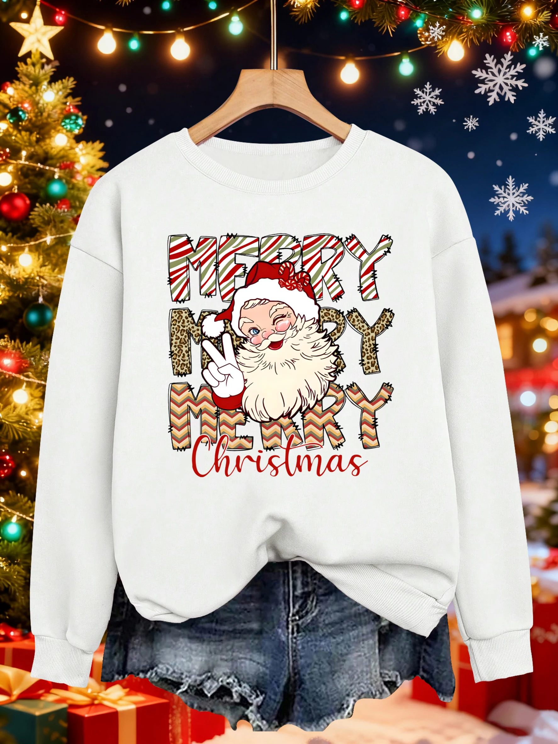 Merry Christmas Santa Claus Pattern Streetwear Women o-neck Casual Sweatshirt Autumn Loose Pullover Multicolor Fleece Clothing