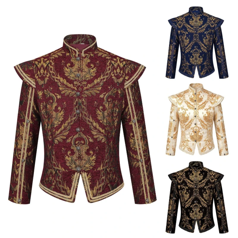 Renaissance Medieval Brocade Jacket for Men,Baroque Royal Prince Stand‑Collar Short Men Jackets,Gothic Victorian Cosplay Costume