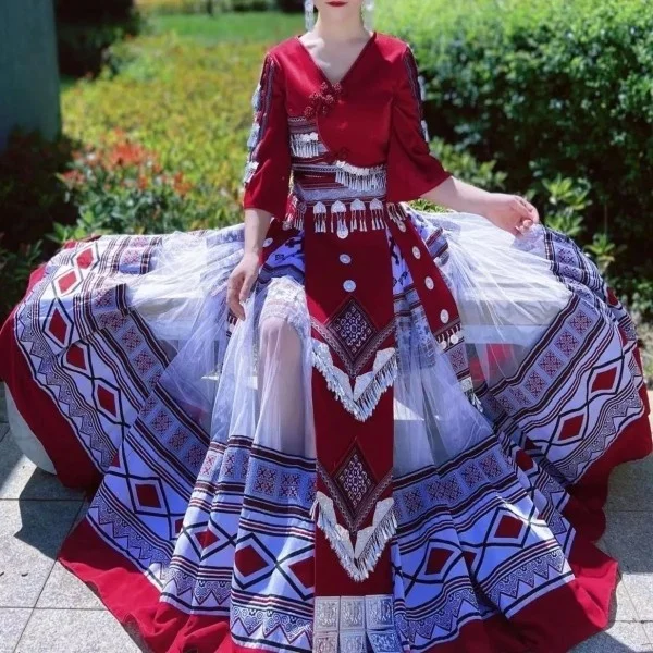 Miao National Dance Costumes Women Elegant Costume Chinese Traditional Classical Dance Dress Performance Costume Three Piece Set