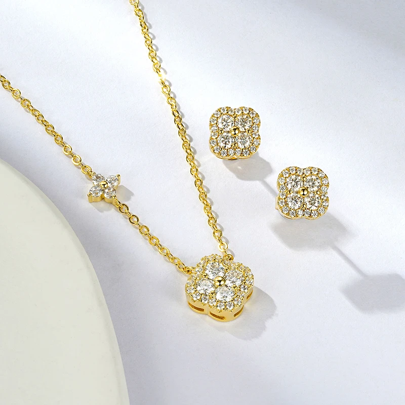 Moissanite Clover Stud Earrings and Pendant Necklace Set