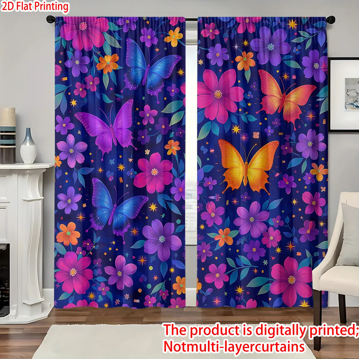 

Butterfly Dance at Flower Night Scene Print Drapes Room Darkening Window Curtains for Home Decor,Rod Pocket Blackout Curtains