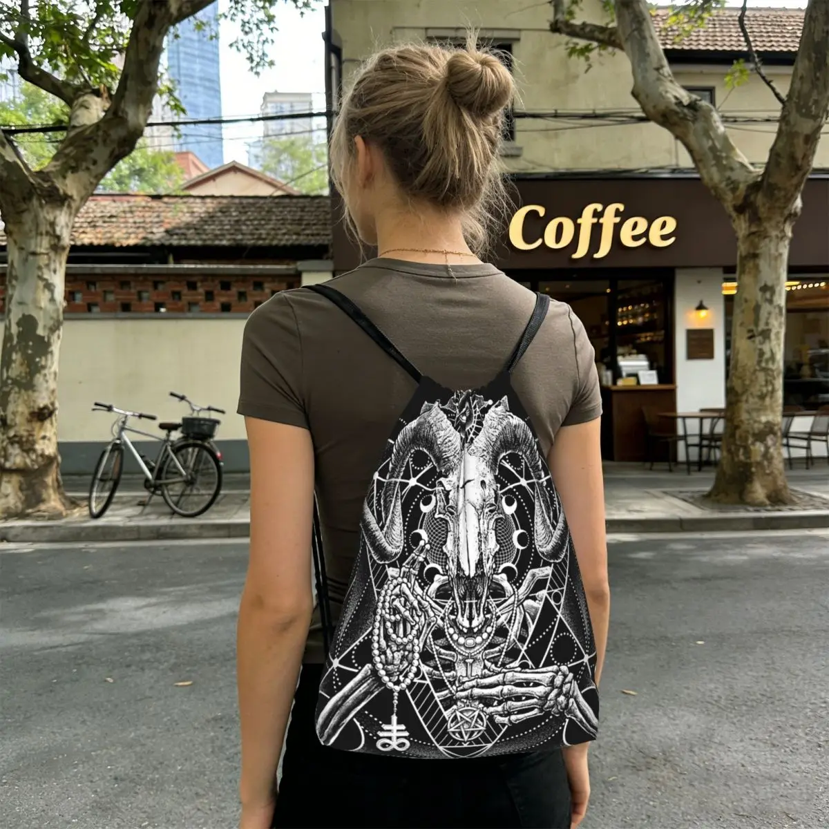 Satanic Occult Satan Skull Dead Goat Head Graphic Backpacks Casual Drawstring Bags Storage Bag Book Bags for Man Woman Students