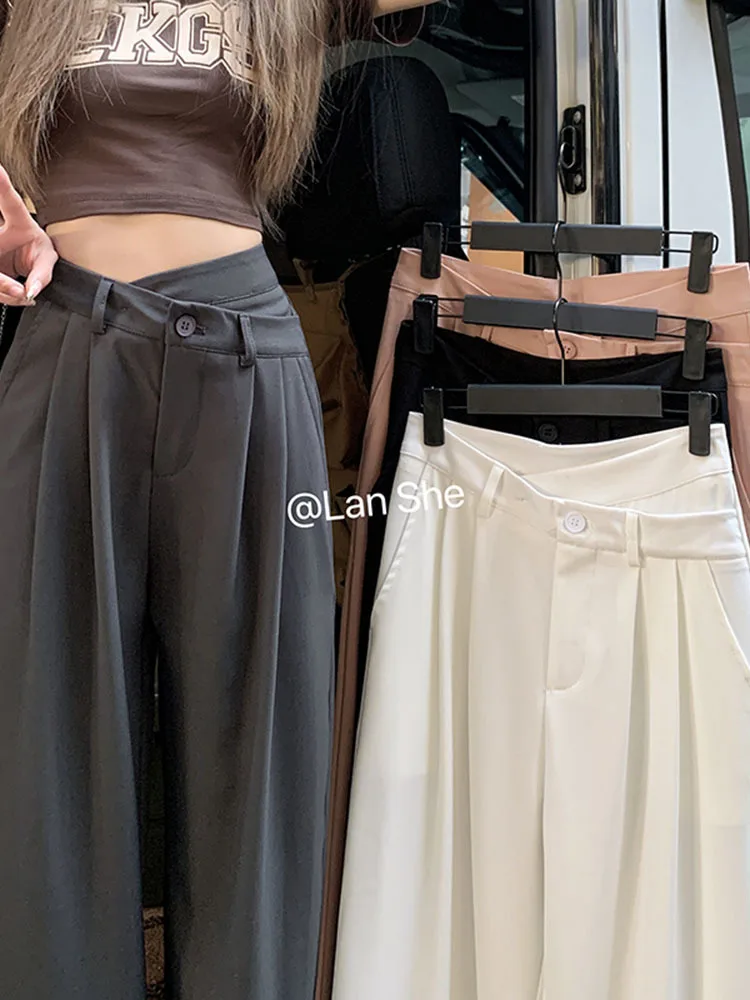 Breite Bein Hosen Für Frauen Hohe Taille Lose Falten Einfarbig Lange Hosen Weibliche Streetwear Fashion Kleidung