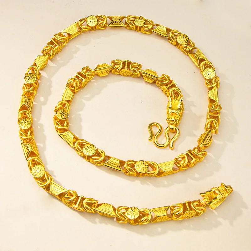 

Luxurious 9999 24K real gold auspicious double dragon head necklace domineering pure gold men's necklace fashion boss chain