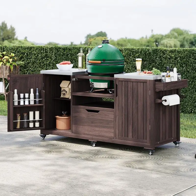 

Outdoor Kitchen Island for Big Green Egg Grills, Solid Wood Grill Cart with Stainless Steel Top and Drawer, Compatible with