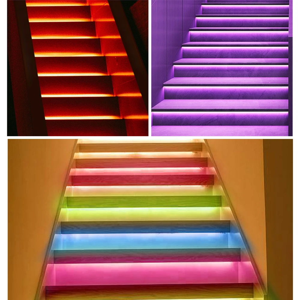 RGB LED Stair Light Strip PIR Motion Sensor Dimming Daylight Sensor Easy Connect Installation for Stairs Step Decorative Lamp