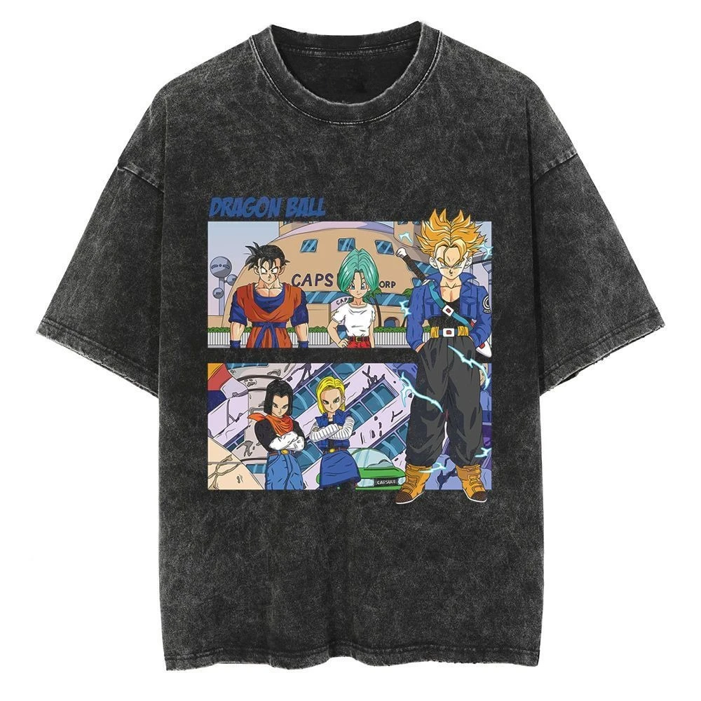 

Retro Black Washed T-shirt Anime Printed T-shirt Men's and Women's Casual Short Sleeve Top Cosplay Hip Hop Street Wear