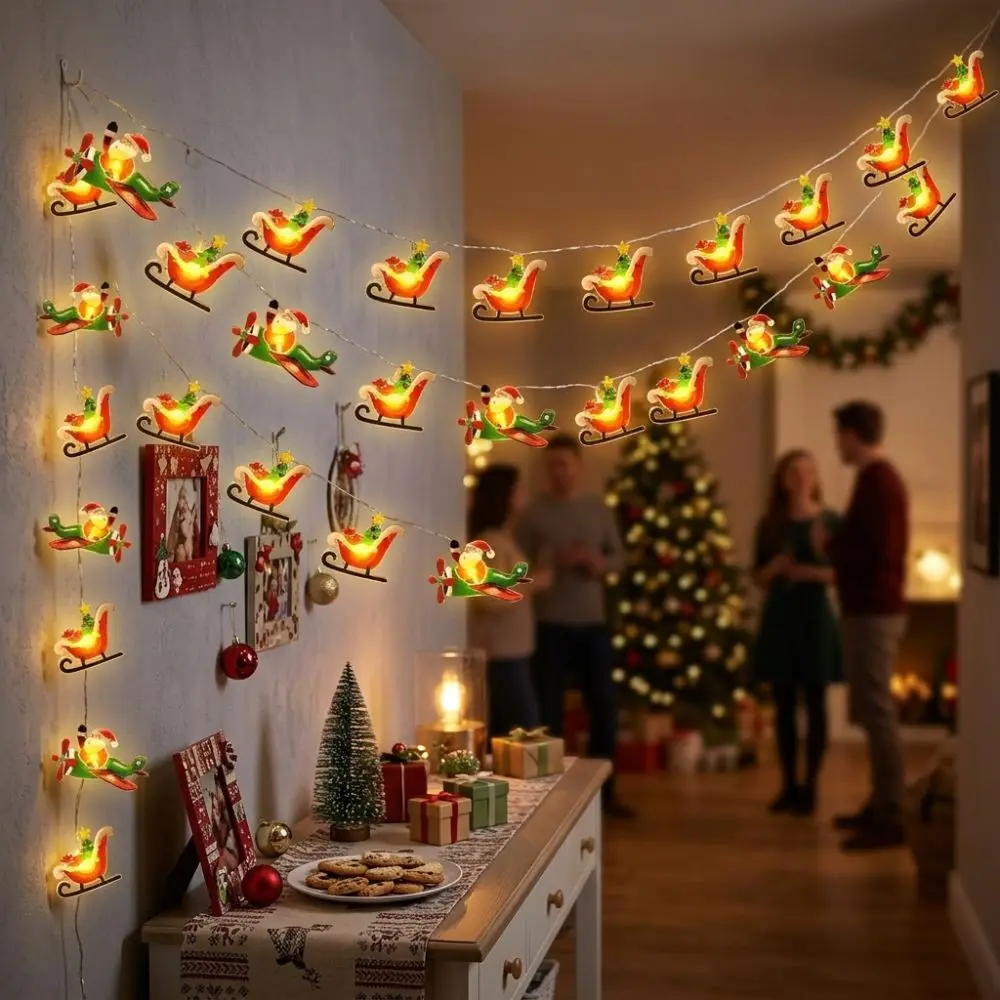 Warm Light Christmas LED String Lights Cartoon Battery Powered Sleigh Airplane Christmas Lights DIY Garland Waterproof
