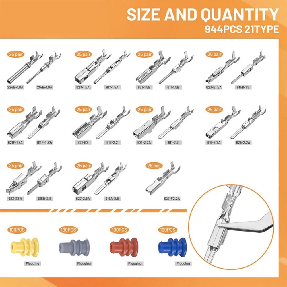 944Pcs Pin Connector Kit,Car Electrical Wire Connectors Terminal Pins,21Type Non-Insulated Plug,Removal Male Female Crimp Pins