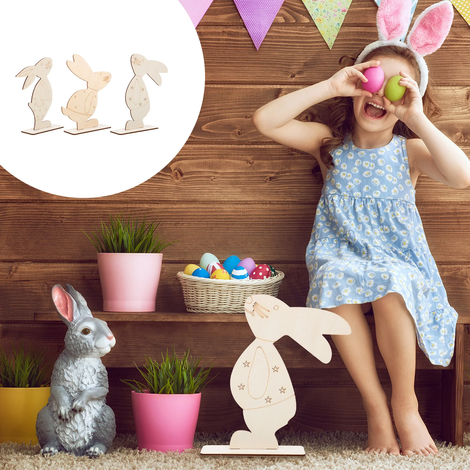 

3Pcs Wooden Rabbit Craft Bunny Adornments Decorative Easter Party Scene Wood Ornaments Garden Easter Decor Rabbit Adornment