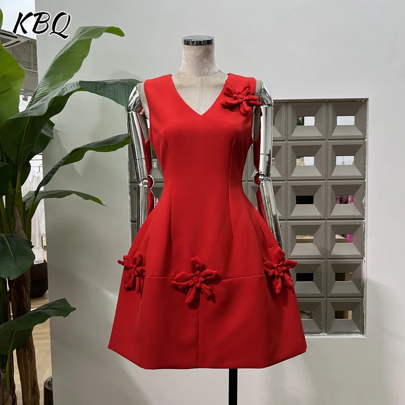 

KBQ Solid Slimming Spliced 3D Tunic Elegant Dresses for Women V Neck Sleeveless Patchwork Pockets Mini Dress Female Fashion New
