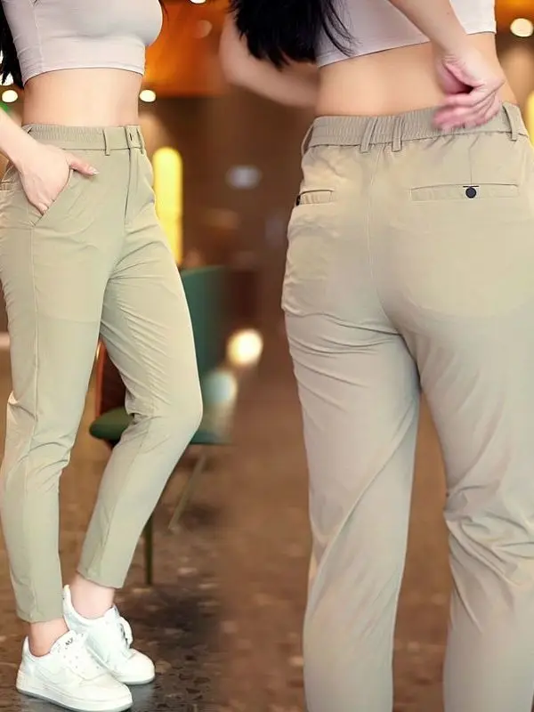 

Мужские повседневные брюки цвета хаки, зауженные, укороченные (до щиколотки), тонкие, дышащие, прямые, летние, эластичные, немнущиеся, из ледяного шелка