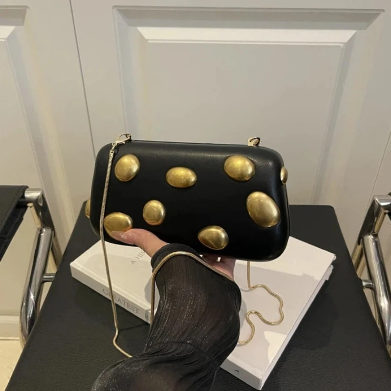 

Gold Studded Box Clutch for Women 2026 New Vintage Mini Bag Detachable Snake Chain Evening Purse Party Fashion Crossbody Bag