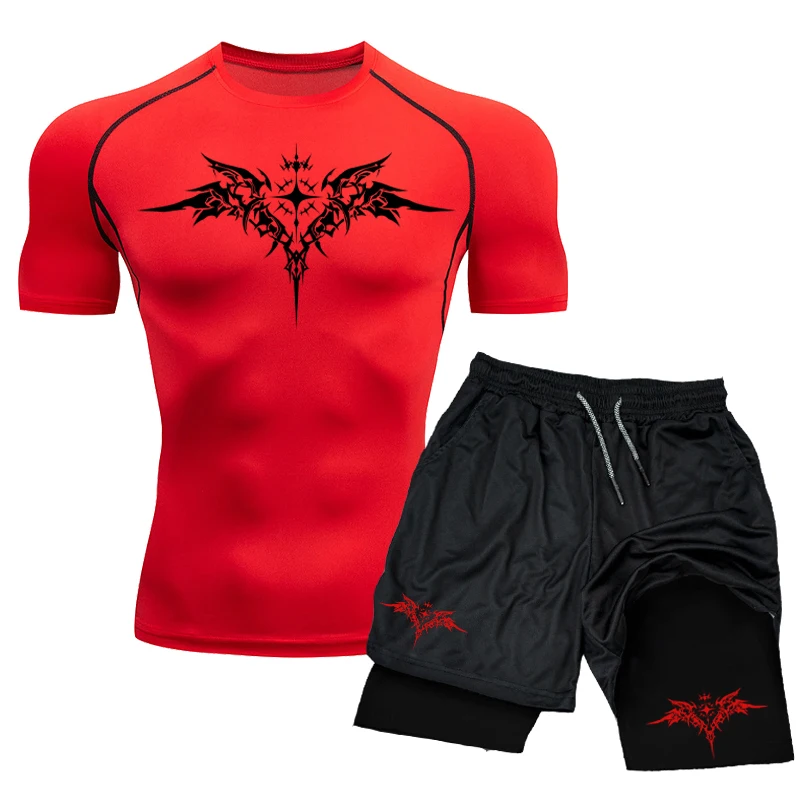 Men Compression Set Short Sleeve Gym Top+Workout Shorts Double Layer Quick Dry Gym Training Athletics Rashguard Shirt 2pcs Suit