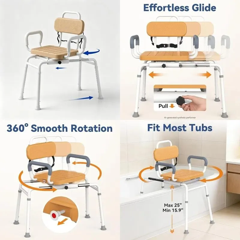 Shower Chair Sliding Swivel Tub Transfer Stool Adjustable Height Aluminum 350 lbs Suitable for Elderly and Disabled