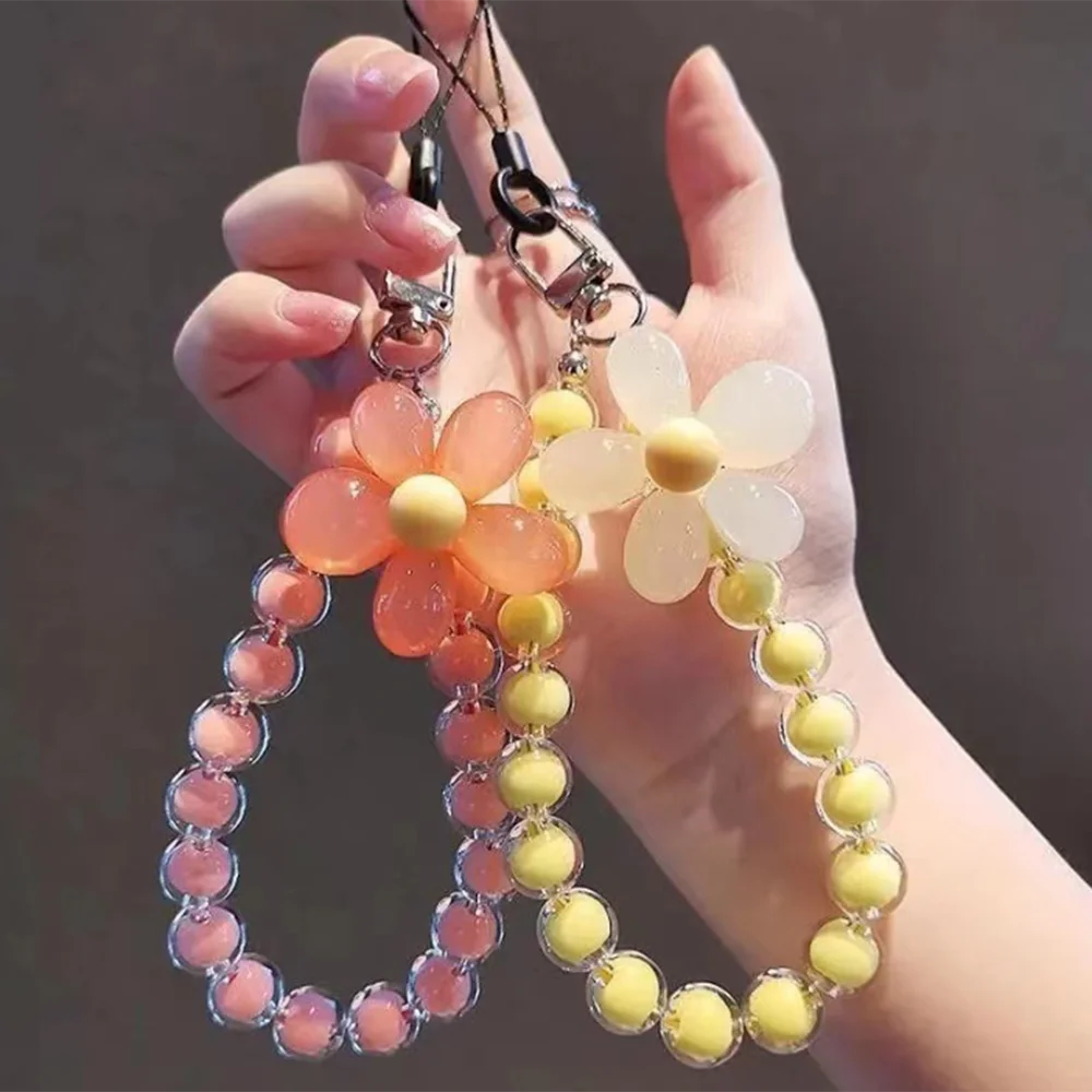 

Stylish Macaron Bead String Cell Phone Lanyard with Floral Decoration Durable ABS Bracelet and Keychain, Cell Phone Charm Strap