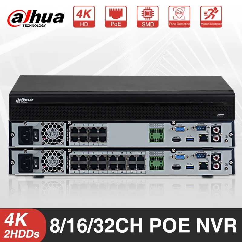 Original Dahua NVR4208-8P-4KS2/L NVR4216-16P-4KS2/L NVR4232-16P-4KS2/L 8/16/32CH POE 1U 2HDDs 4K&H.265 Network Video Recorder