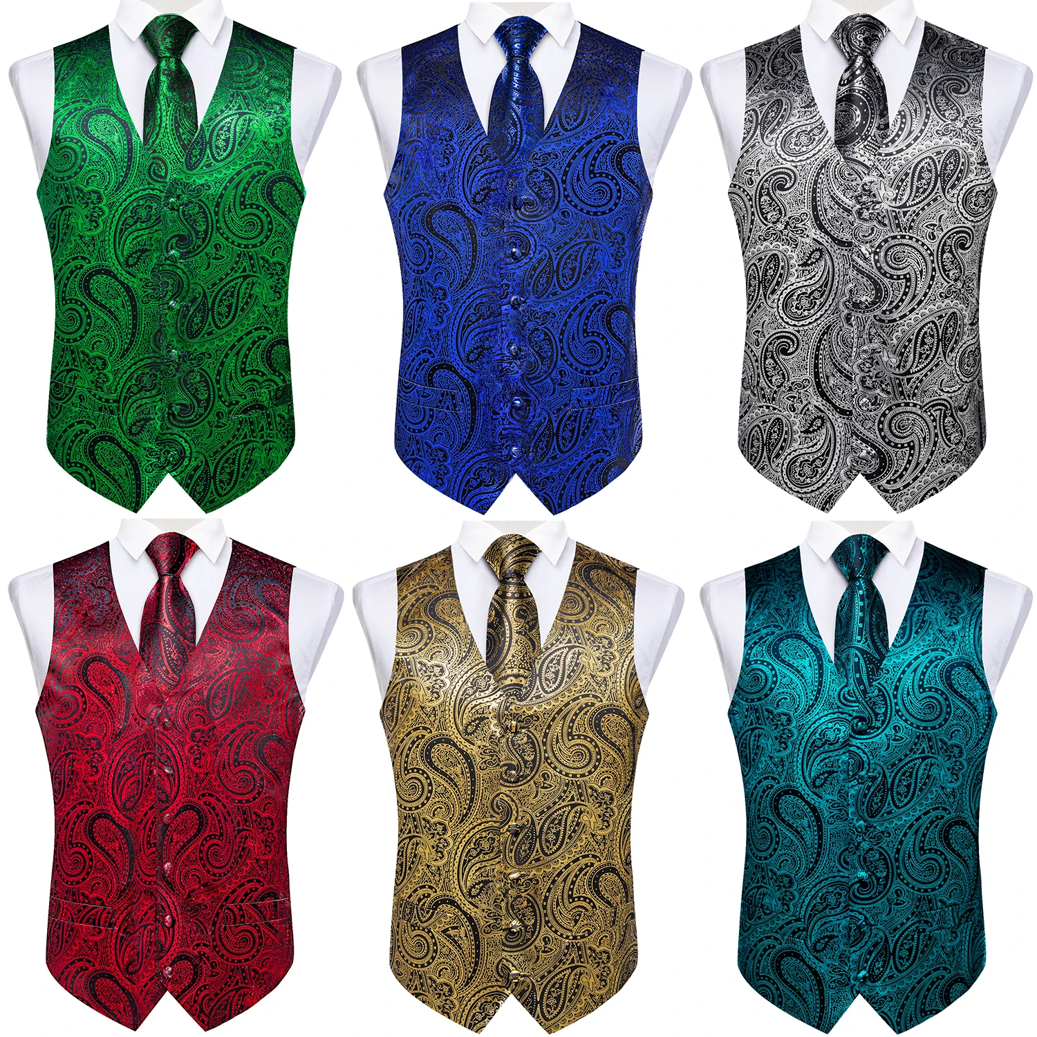 

Luxury Bronzing Vest for Man Business Green Black Paisley Men's Waistcoat Fashion Necktie Pocket Square Cufflinks Red Wedding