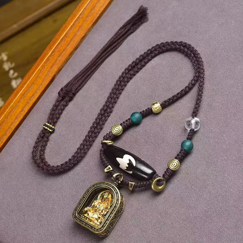 Tibetan Gahu Box Manjushri Pendant Sweater Chain Adjustable Braided Rope Necklace Mahasthamaprapta Bodhisattva Penda