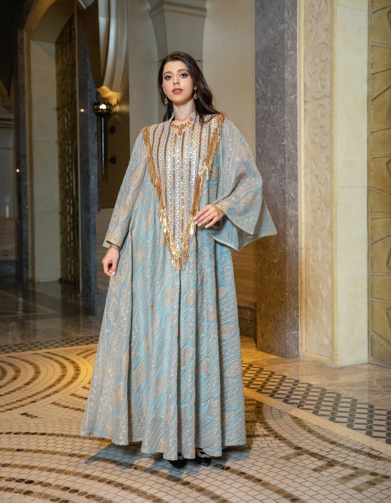 

Exquisite Moroccan Inspired Muslim Abaya with Intricate Gold Embroidery Fringe Detailing for Middle Eastern Formal Celebrations