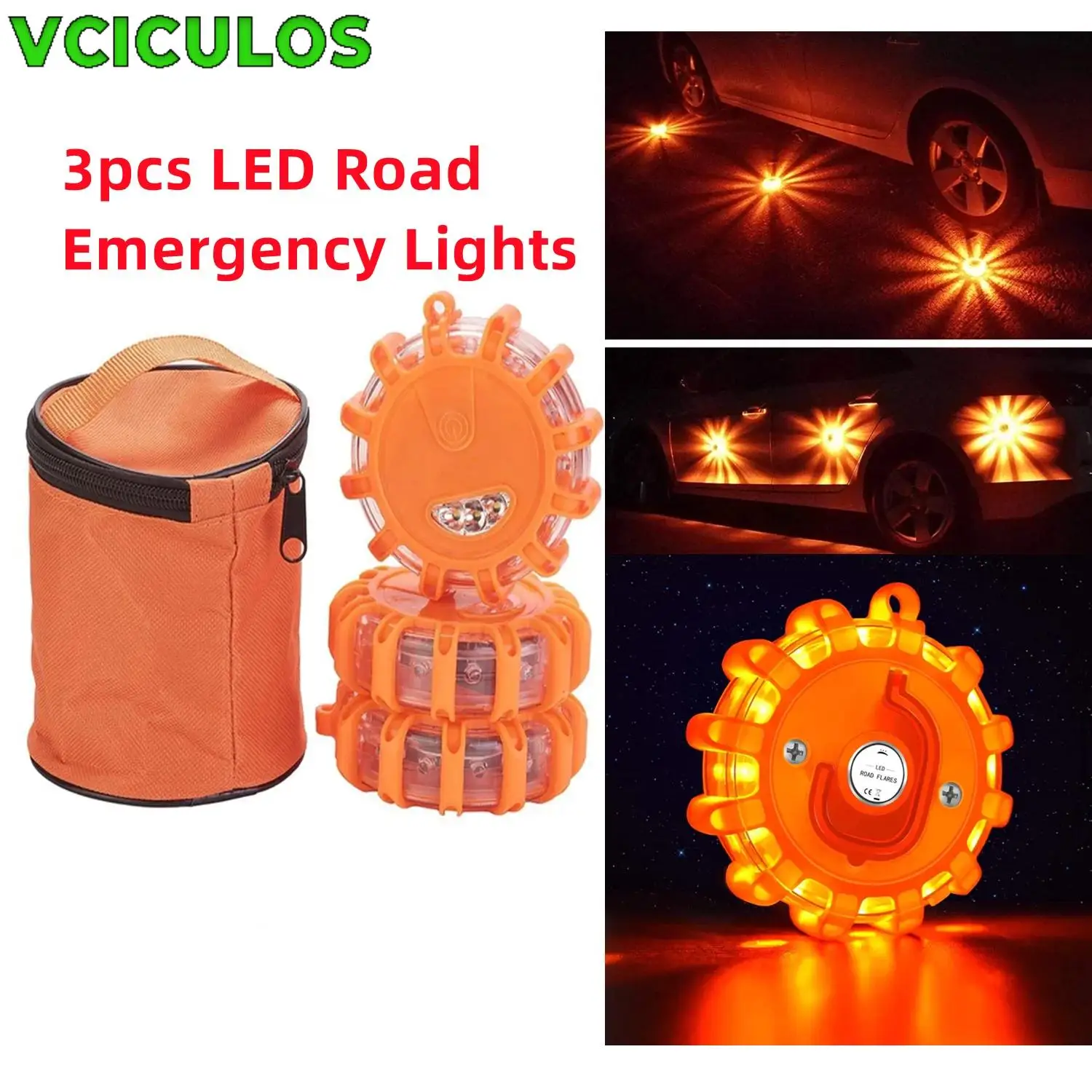 

3pcs LED Road Flare Emergency Lights Roadside Safety Beacon Disc Flashing Warning Flare Kit with Magnetic Base Storage Bags Car