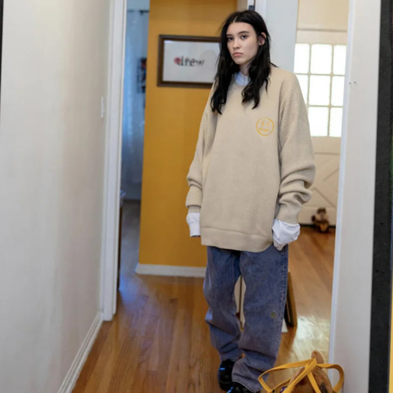 드류 하우스 프리미엄 스마일리 자수 스트리트웨어 유니섹스 커플 오버사이즈 크루넥 니트 스웨터