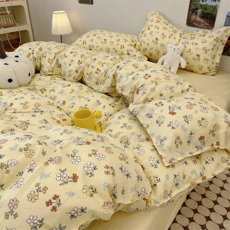 

INS Cream Style Bedding Set Duvet Cover Soft Queen Full Twin Size Floral Flat Bed Sheet Girls Pastoral Quilt Cover Pillowcase