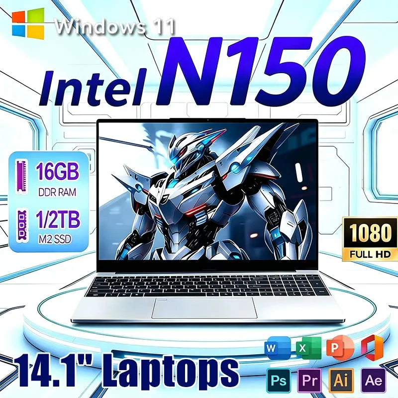 14.1 Inch Full HD IPS Laptop 120Hz Screen Intel Core N150 32GB RAM 2TB SSD Backlit Keyboard Long Battery Life Windows 11