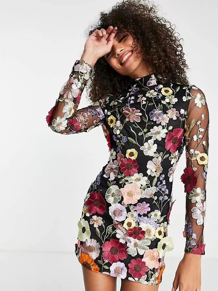 Floral Dress Women Spring 2024 Embroidery 3D Flowers Long Sleeve Evening Party Lady Sexy Mini Dress Half High Collar 43910