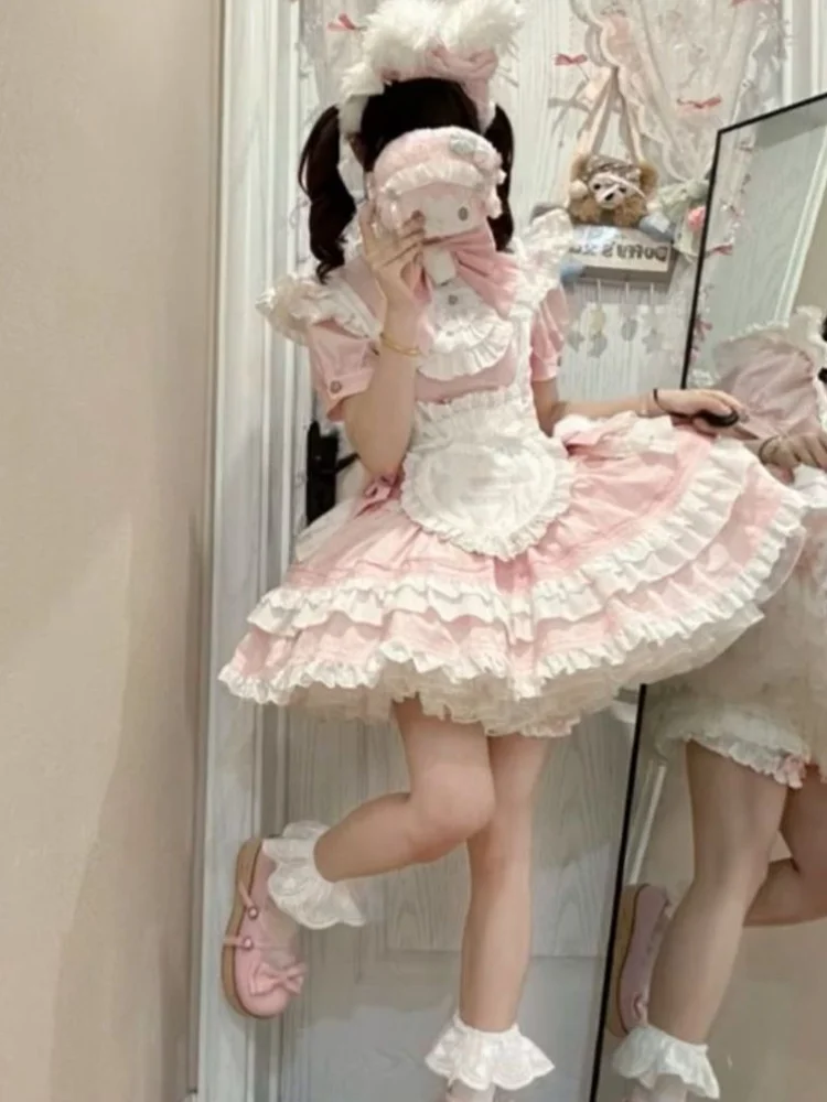 Sweet Japanese Lolita Women 2 Piece Sets Y2k Kawaii Girly Bow Design Dress + Cute Strap Apron Fashion Female Retro Outfits New