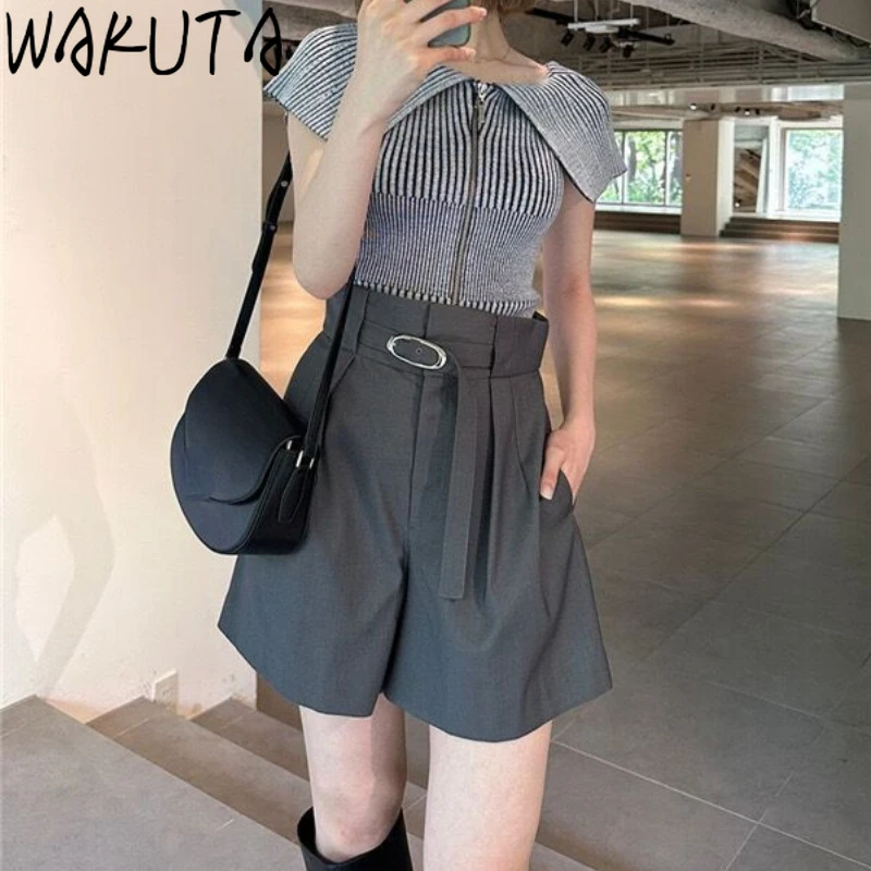 Wakuta Japan Elegant Casual Loose Shorts Temperament High Waist Belt Pocket Woman Pants Fashion All-match Loose Femme Pantalon