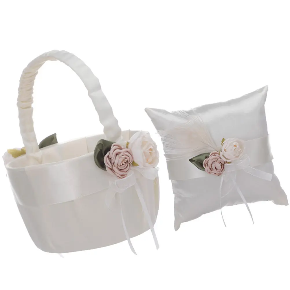 

1Set Wedding Flower Basket and Ring Pillow Set Satin Ring Cushion Holder for Wedding Engagement Ceremony Flower Girl Basket