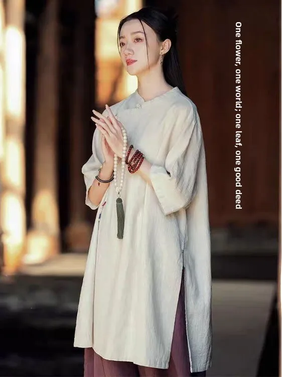 

Новая женская рубашка в китайском стиле из хлопка и льна, с воротником-стойкой, длинными рукавами, на пуговицах, средней длины, для повседневной носки, комфортная посадка