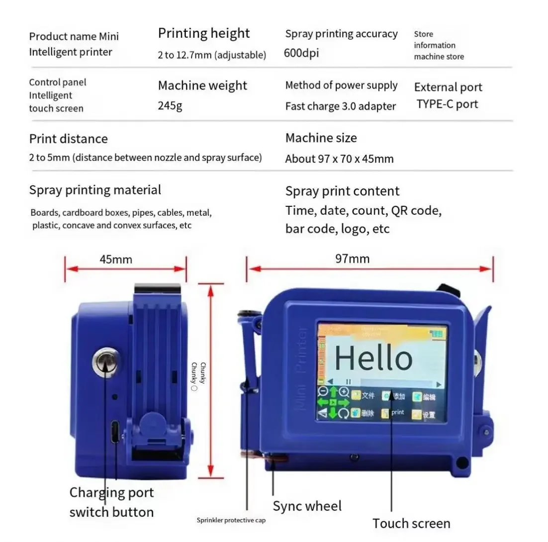 Printer inkjet Mini tinggi cetak 2-12.7mm dengan layar sentuh