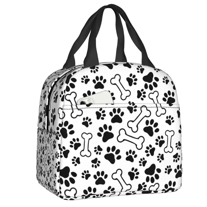 

Pet Dog Paws And Bones Pattern Lunch Bag Portable Cooler Thermal Insulated Bento Box For Women Kids Work Picnic Food Tote Bags