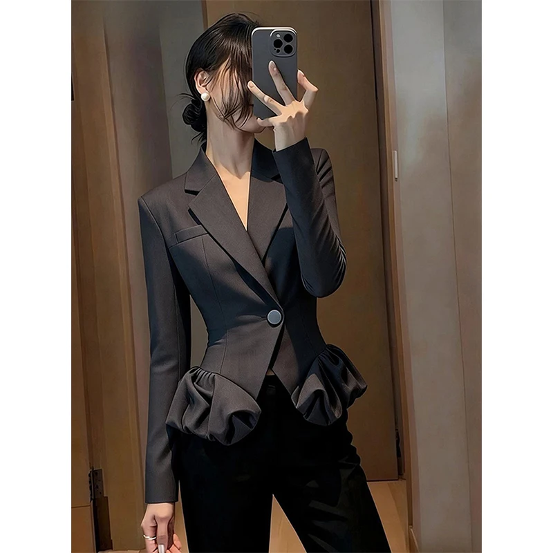 Black Blazer Women Elegant Cropped Ruffles Patchwork Suit Jacket Office Ladies Fashion Commute Coat Korean Design Outerwears New