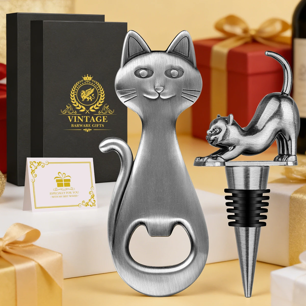 

Metal Cat Shaped Handle Beer Opener & Cat Statue Decor Bottle Stopper Gift Set Creative Barware Tool Gifts for Wine Enthusiasts