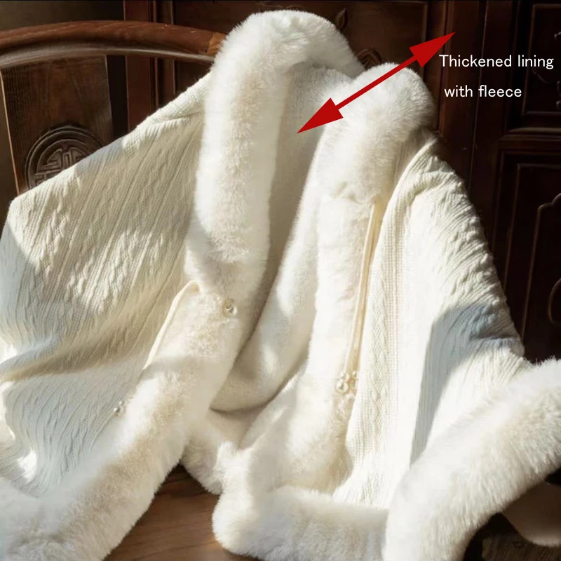 Thicken Woven Cotton Feel Faux Fur Trims Cape Poncho Women Winter Cheongsam Party Wedding Dress Shawl Wraps Elegant Noble