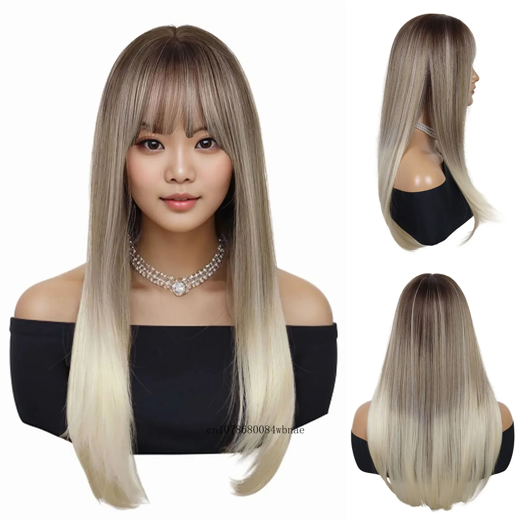 Synthetic 28 Inch Brown Ombre Blonde Long Straight Wig with Bangs for Women Drag Queen Wigs Daily Use Costume Cosplay Party