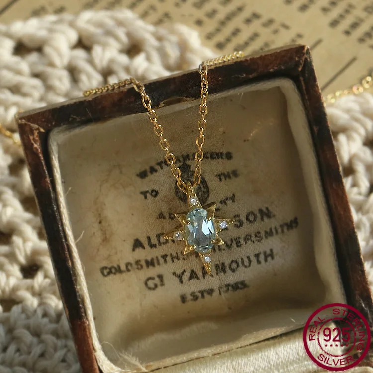 

New S925 pure silver temperament French elegant octagonal star light luxury retro blue necklace wedding jewelry