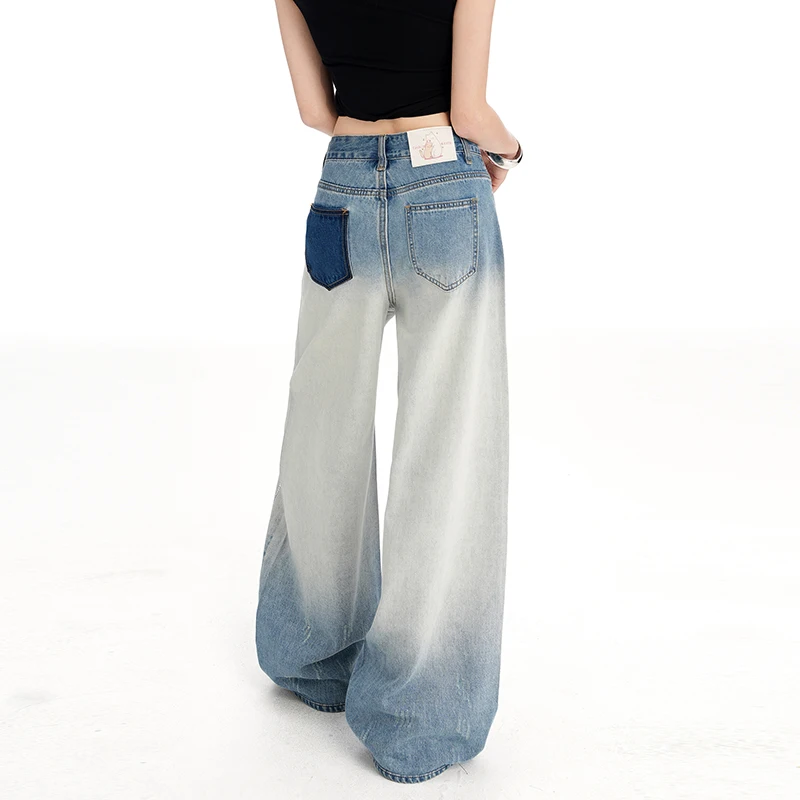 

Y2K Women Gradient Blue Denim Jeans Vintage High Waist Wide Leg Trousers Streetwear Loose Straight Long Pants Female Clothing